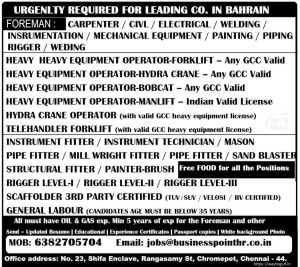 Uragently Required for leading Co. in BAHRAIN