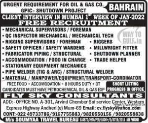 Urgent Requirement For Oil & Gas CO. (GPIC-Shutdown Project) Bahrain