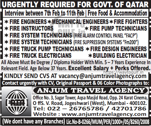 Urgently Required for Govt. of Qatar