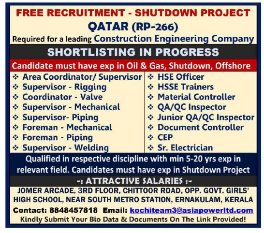 FREE RECRUITMENT – SHUTDOWN PROJECT QATAR