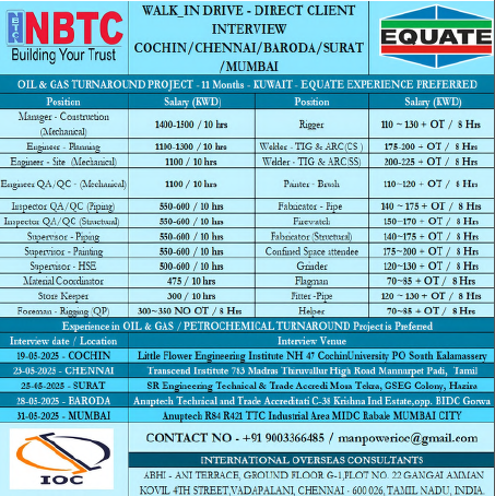 🔧 NBTC – Kuwait Hiring for Oil & Gas Turnaround Project 🇰🇼