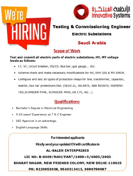 🔧 We’re Hiring: Testing & Commissioning Engineer – Electric Substations (Saudi Arabia)