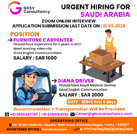 🇸🇦 Urgent Hiring for Saudi Arabia – GKSV Consultancy
