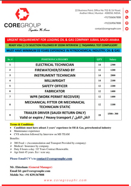 🚨 Urgent Recruitment – Oil & Gas Company, Jubail (Saudi Arabia)