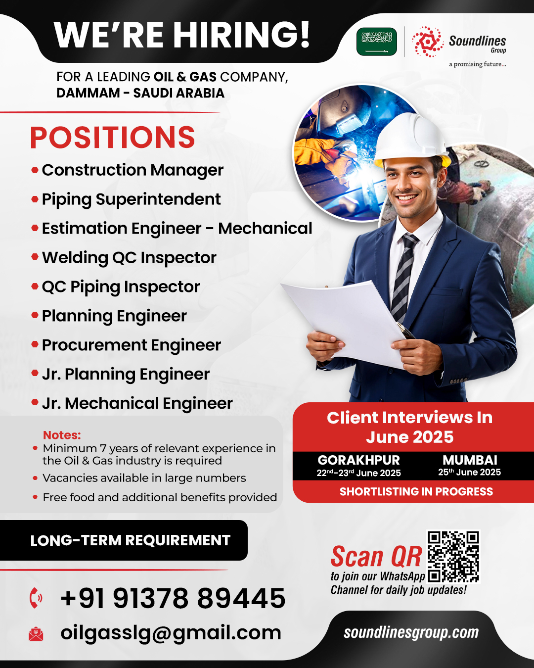 🚀 We’re Hiring for Oil & Gas Project – Dammam, Saudi Arabia!