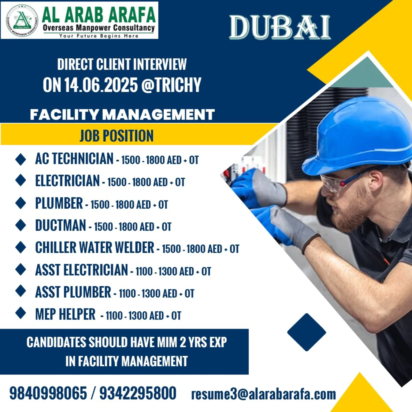 Urgent Recruitment for Facility Management in Dubai: Technicians & Helpers!