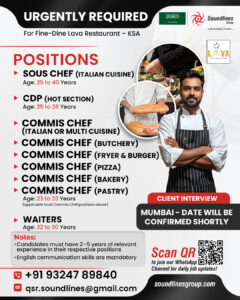 Urgently Required: Culinary & Hospitality Professionals for Fine-Dine Lava Restaurant in KSA!