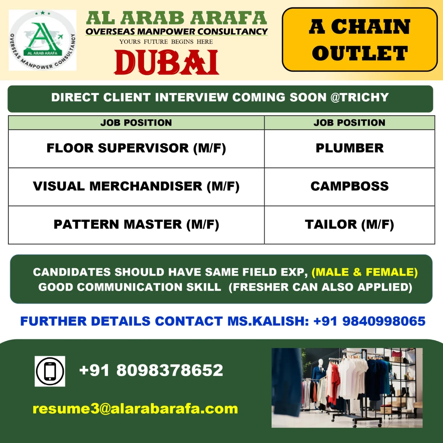 Exciting Opportunities in Dubai: Various Roles for a Chain Outlet!