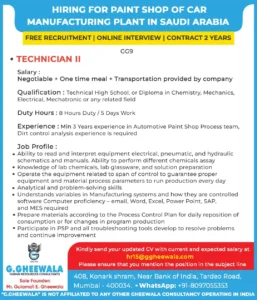 🚗 Hiring Alert: Technician II for Paint Shop in Leading Car Manufacturing Plant – Saudi Arabia