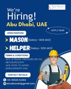 ✈️ 🏗️ Job Vacancies in Abu Dhabi, UAE – Mason & Helper Positions Available!