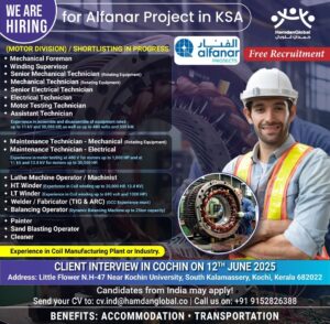 Free Recruitment! Client Interview TOMORROW (June 12th) in Cochin for Alfamar Project in Saudi Arabia! 🇸🇦