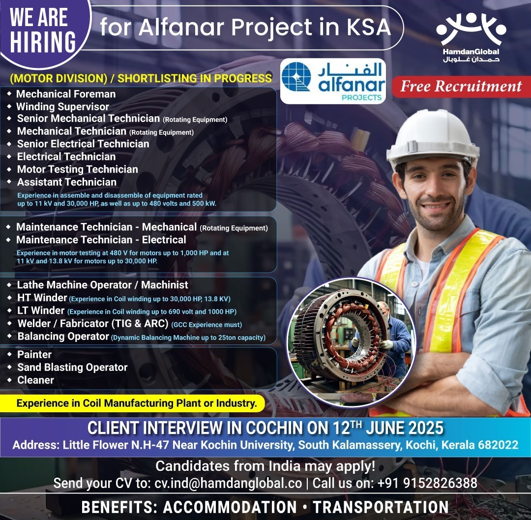 Free Recruitment! Client Interview TOMORROW (June 12th) in Cochin for Alfamar Project in Saudi Arabia! 🇸🇦