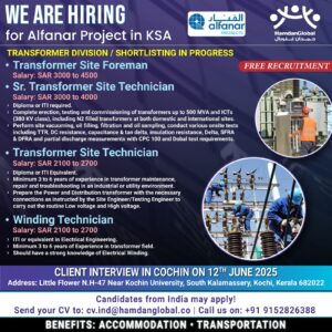 Free Recruitment! Client Interview TOMORROW (June 12th) in Cochin for Al-fanar Project’s Transformer Division in Saudi Arabia! 🇸🇦