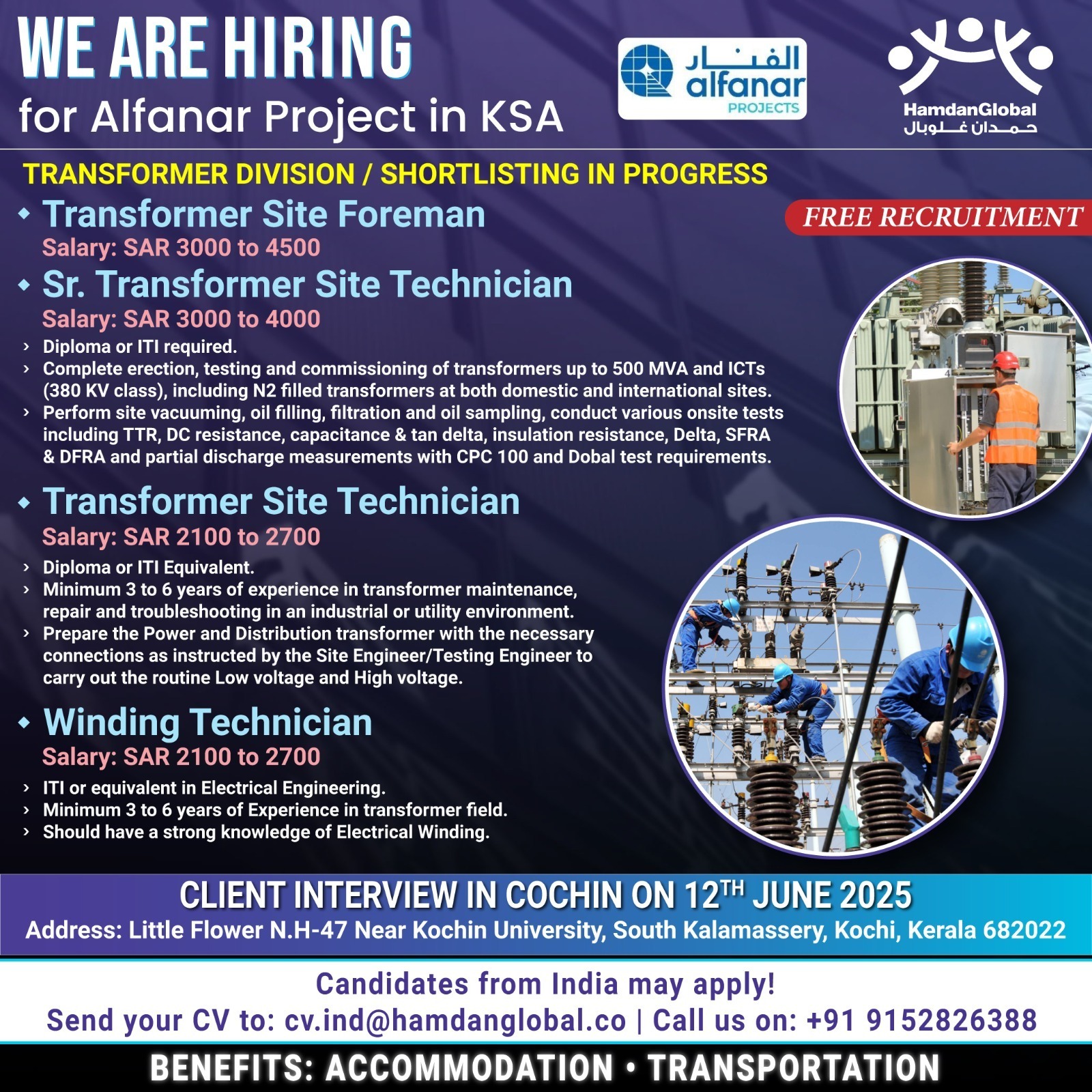 Free Recruitment! Client Interview TOMORROW (June 12th) in Cochin for Al-fanar Project’s Transformer Division in Saudi Arabia! 🇸🇦