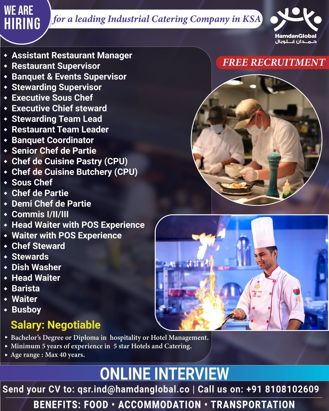 🍽️ Urgent Hiring – Leading Industrial Catering Company in Saudi Arabia (KSA)