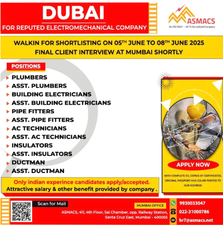 🌟 DUBAI | Hiring for Reputed Electromechanical Company