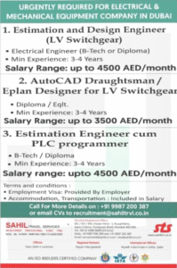 🚨 Urgently Hiring for Electrical & Mechanical Equipment Company – Dubai 🇦🇪