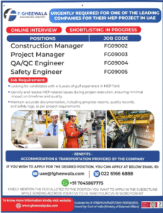 🔧 Urgently Hiring for MEP Project in UAE – Apply Now!