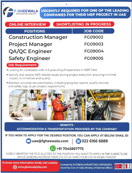 🔧 Urgently Hiring for MEP Project in UAE – Apply Now!