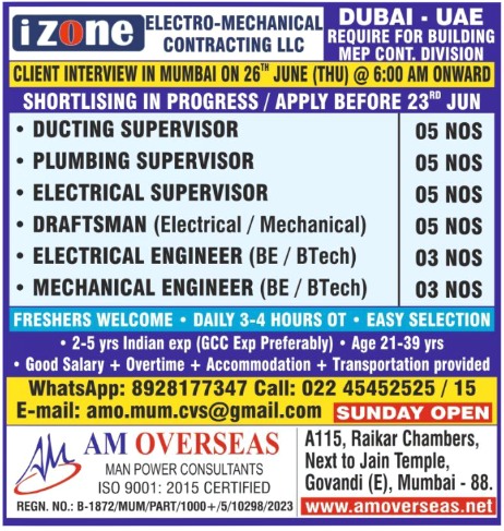 🏗️ Electro-Mechanical Contracting Jobs – DUBAI 🇦🇪