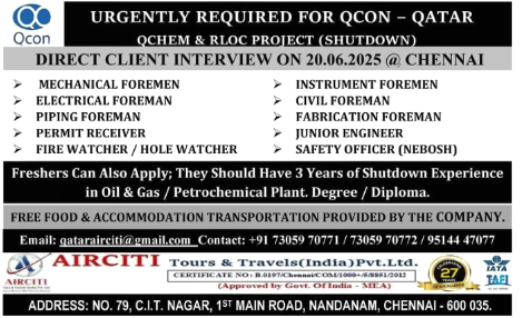 Urgent Requirement for QCON – Qatar: Direct Client Interview in Chennai on June 20th! 🇶🇦🛠️