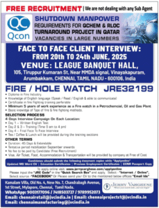 Free Recruitment for Qatar! QCON Shutdown Project – Fire / Hole Watch Vacancies in Chennai Next Week! 🇶🇦🔥