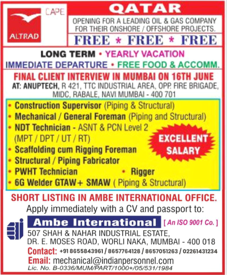 Exciting Long-Term Job Opportunities in Qatar: Free Recruitment for Onshore/Offshore Projects!
