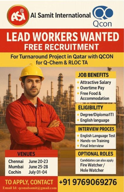 Free Recruitment: Lead Workers Wanted for Turnaround Project in Qatar!