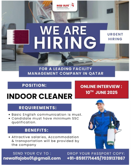 Urgent! Online Interview Happening TODAY (June 10th) for Indoor Cleaners in Qatar! 🇶🇦🧹