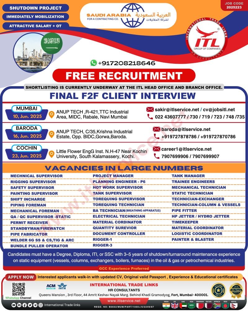 🔧 Massive Hiring for Shutdown Project – Saudi Arabia 🇸🇦