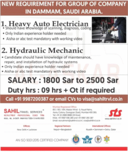 Saudi Arabia: Heavy Auto Electricians & Hydraulic Mechanics Needed! 🇸🇦