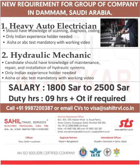 Saudi Arabia: Heavy Auto Electricians & Hydraulic Mechanics Needed! 🇸🇦