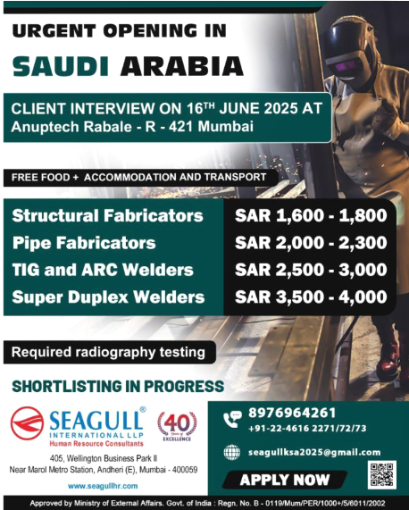 Urgent Opening in Saudi Arabia: Client Interview on June 16th for Welders & Fabricators! 🇸🇦