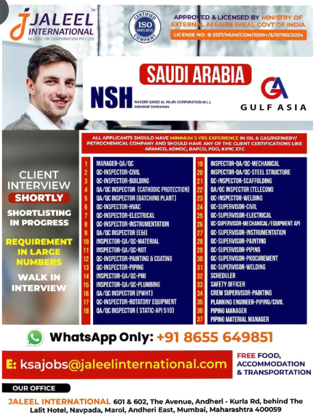 Huge Opportunities in Saudi Arabia! NSH & Gulf Asia Hiring QA/QC, HSE, Planning & More – Client Interviews Soon! 🇸🇦