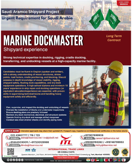 Urgent Requirement: Marine Dockmaster for Saudi Aramco Shipyard Project! 🇸🇦⚓