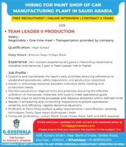 👨‍🏭 Hiring Now: Team Leader II – Production (Paint Shop) | Saudi Arabia 🇸🇦