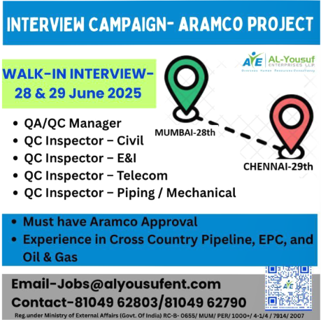 Aramco Project! Walk-in Interviews for QC Professionals in Mumbai & Chennai! 🇸🇦