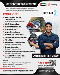 🚨 Urgent Recruitment for Semi-Government Project in UAE – Join the Fleet Maintenance & Logistics Workshop Team!