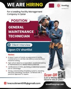 🛠️ Hiring Now: General Maintenance Technician – Qatar Facility Management Project