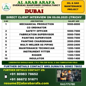 🚨 **Hiring for Dubai – Oil & Gas Maintenance Project | Walk-in Interview in Trichy on 9th August 2025**