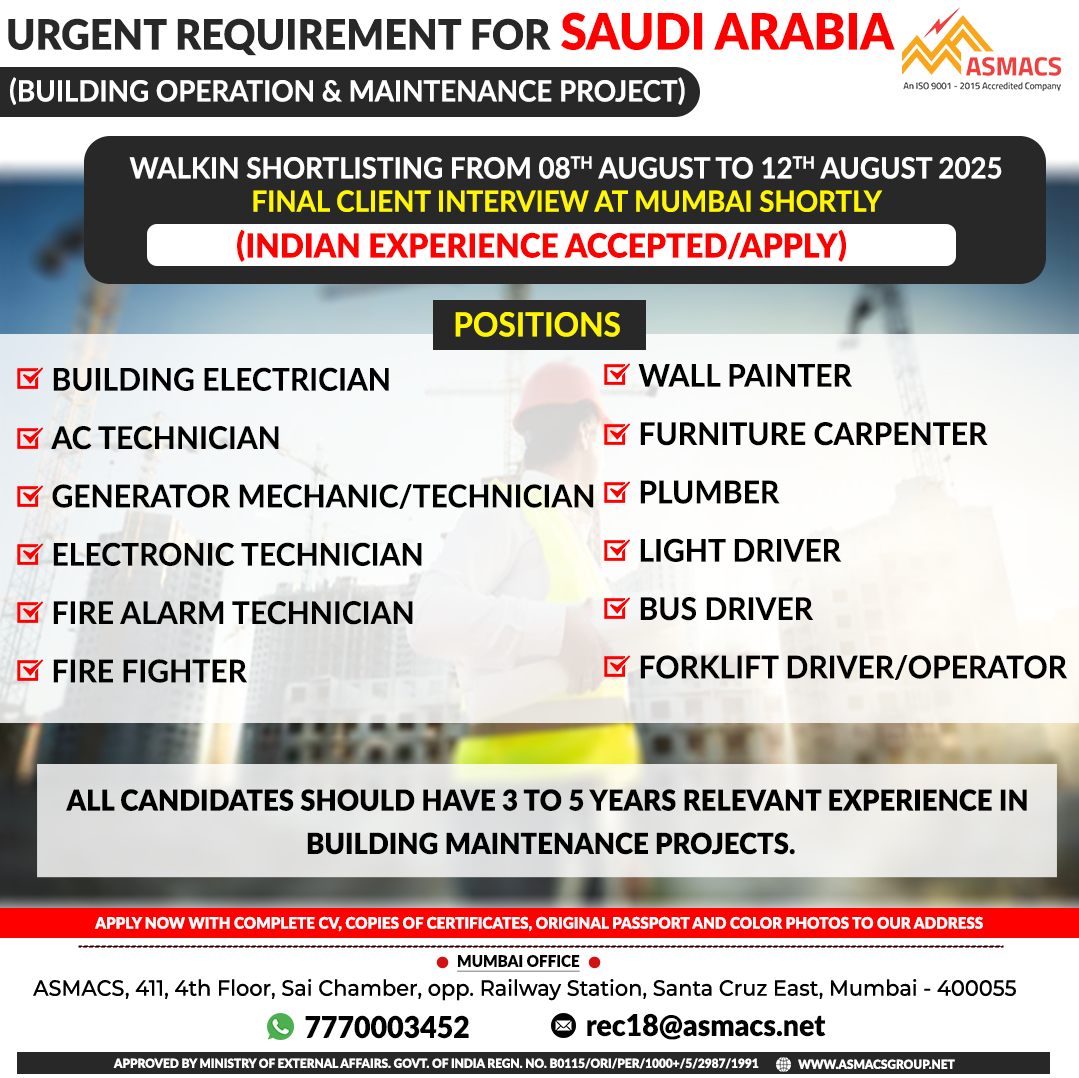 🚨 Urgently Hiring for Saudi Arabia! 🇸🇦