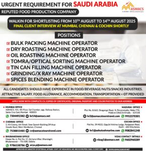 Urgent Job Openings for a Reputed Food Production Company in Saudi Arabia