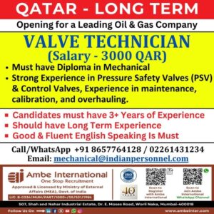 🔧 Hiring Alert: Valve Technician Jobs in Qatar 🇶🇦 – Long-Term Opportunity