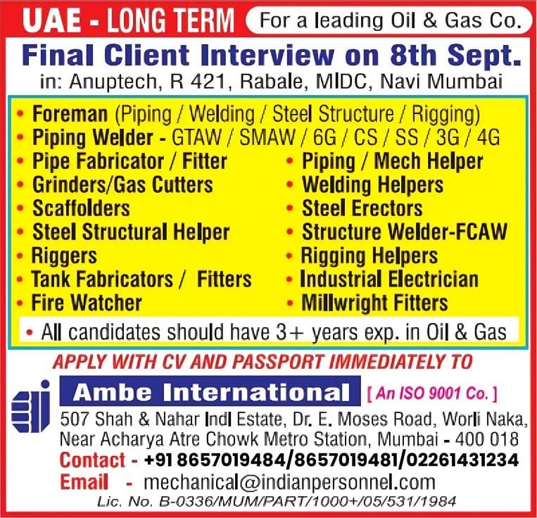 🌍 UAE Oil & Gas Jobs – Final Client Interview on 8th Sept 🚀