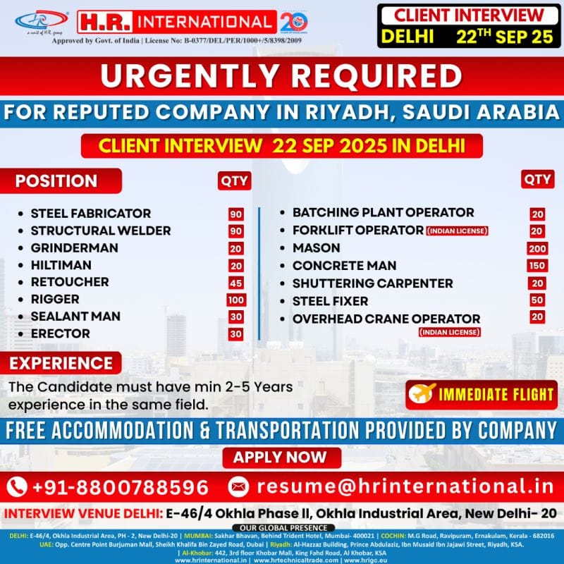 Urgent Job Vacancies for Skilled Workers in Riyadh – Client Interview on 22nd September in Delhi