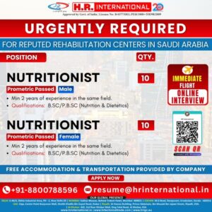 Nutritionist Vacancies for Rehabilitation Centers in Saudi Arabia