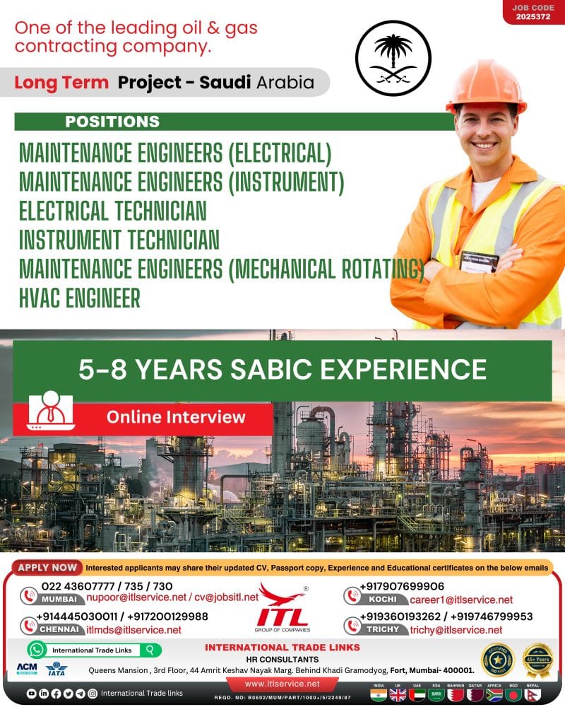 Urgent Hiring – Maintenance Engineers & Technicians | Saudi Arabia
