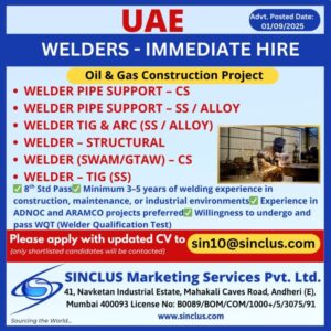 🔧 Immediate Hiring – UAE (Welders for Oil & Gas)