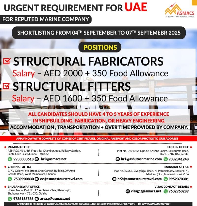 🛠 Urgent Requirement – UAE (Marine Company)