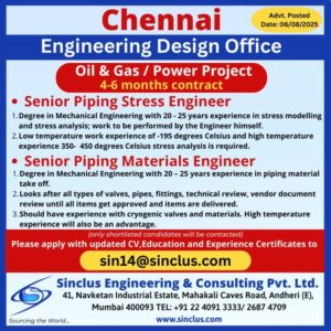📌 Chennai Jobs 2025 – Senior Piping Engineers (Contract)